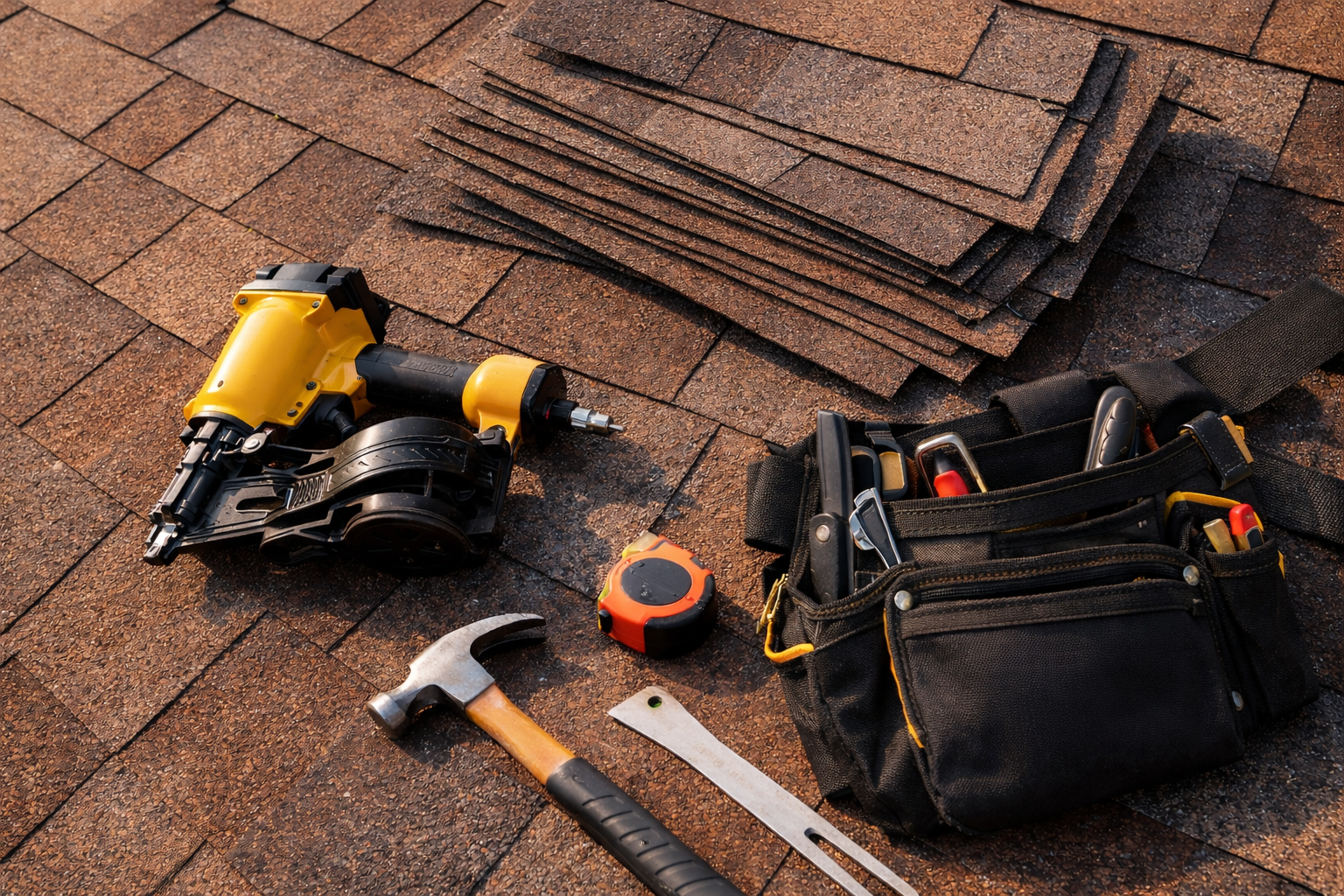 Professional roofing tools and equipment used by licensed Louisiana contractors
